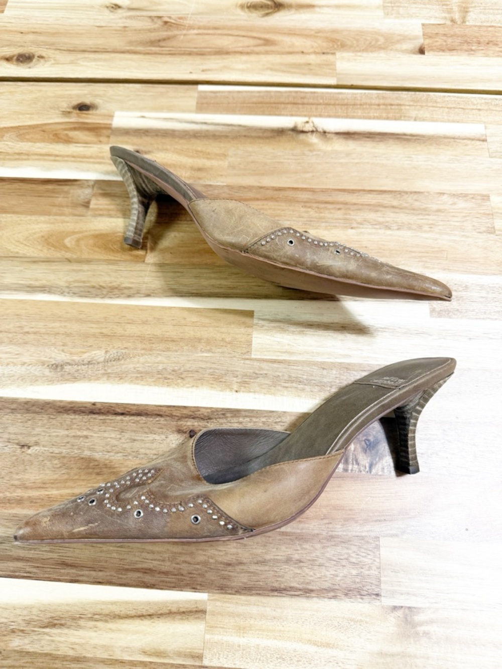 Jeffery Campbell Head-West Studded Western Pointed-Toe Heeled Mules Camel Tan - Picture 11 of 14
